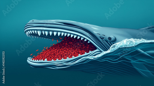 Whale baleen plates filtering krill from a large gulp of water, Animal Illustration