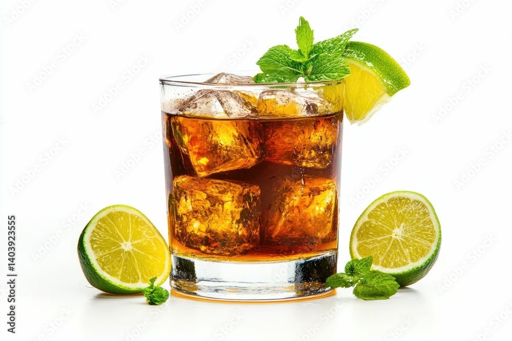 Refreshing Cocktail Drink with Ice Cubes, Lime and Mint Garnish