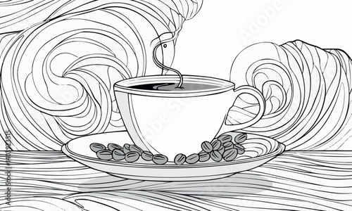 Cup is sitting on a table. The cup is empty. The table is covered with a white cloth