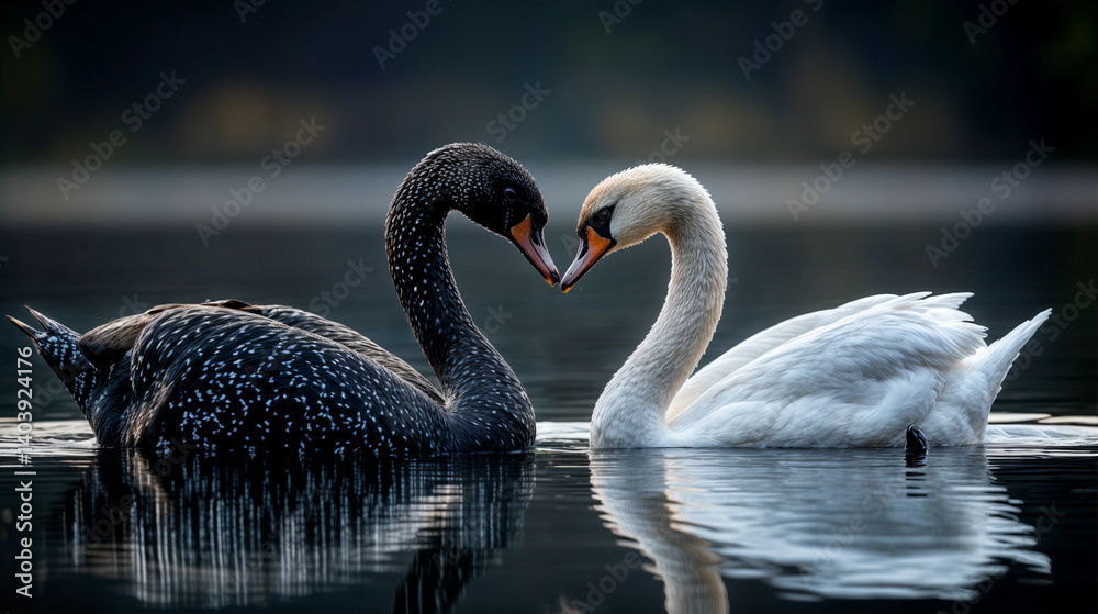 Fototapeta premium Two swans, one white and one black, joining their beaks and forming a heart, on a winter lake