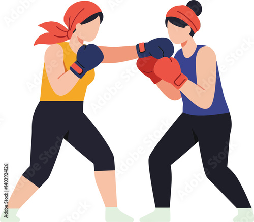 Two female boxers engaging in intense sparring session, showcasing dynamic movement in flat vector art