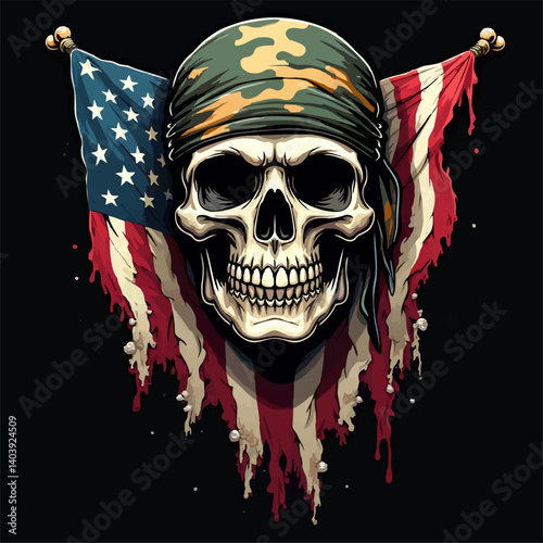 Biker vector t-shirt design with human skull
in military bandana on usa flag background.
Fashionable print for fabric, paper, men clothing,
hoodie, jacket. T shirt american template.