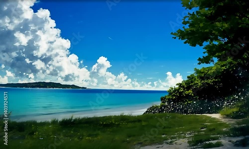 Idyllic Ocean View with Green Meadow and Blue Sky Illustration
