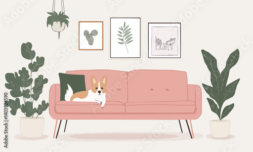 Dog is laying on a pink couch in a living room. There are several potted plants in the room, including one on the left side of the couch and another on the right side