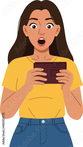 Surprised young woman in a yellow shirt holding a wallet with an astonished expression in flat vector art