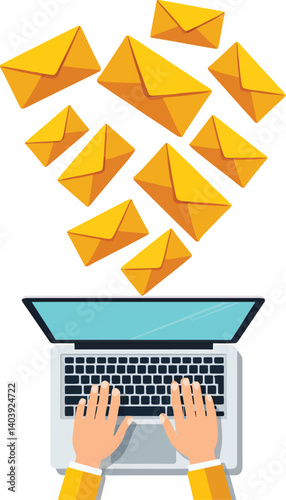 Hands typing on a laptop with floating yellow envelopes in a flat design style representing digital communication in vector art