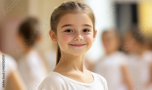 Smiling little girl training movements of vigorous dance with group of tweens in children dance studio