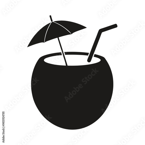 silhouette of a coconut drink with straw and mini umbrella