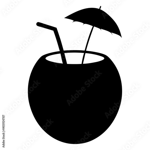 silhouette of a coconut drink with straw and umbrella