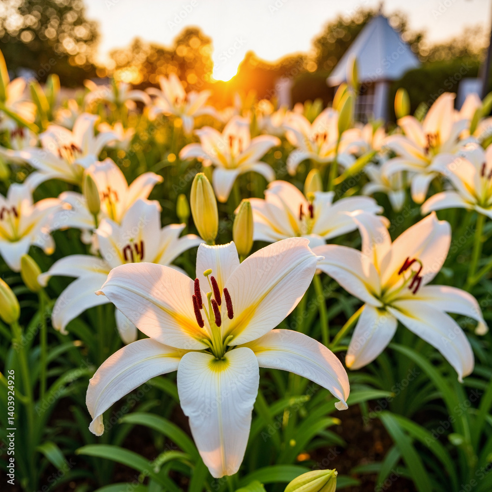 Fototapeta premium Golden sunset illuminating white lilies in garden, serene beauty