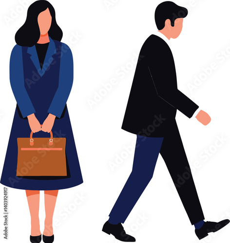 A woman standing confidently with a briefcase while a man walks away in a minimal and modern vector illustration