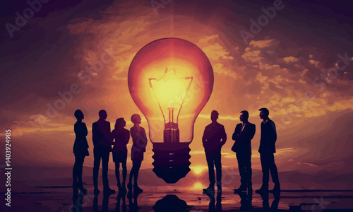 Group of people standing around a light bulb. The light bulb is lit up and is the center of attention