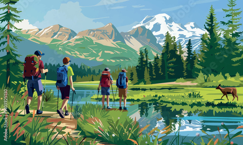 Group of people are walking through a forest. They are all carrying backpacks. There are five people in the group