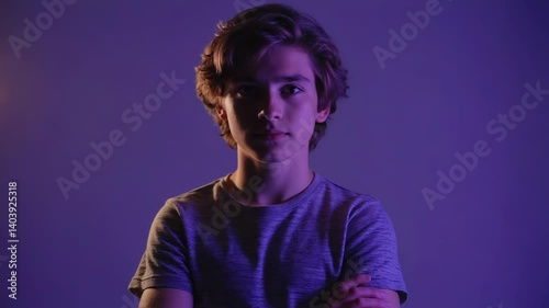 A close-up of a young man standing with his arms crossed, looking confident and relaxed.