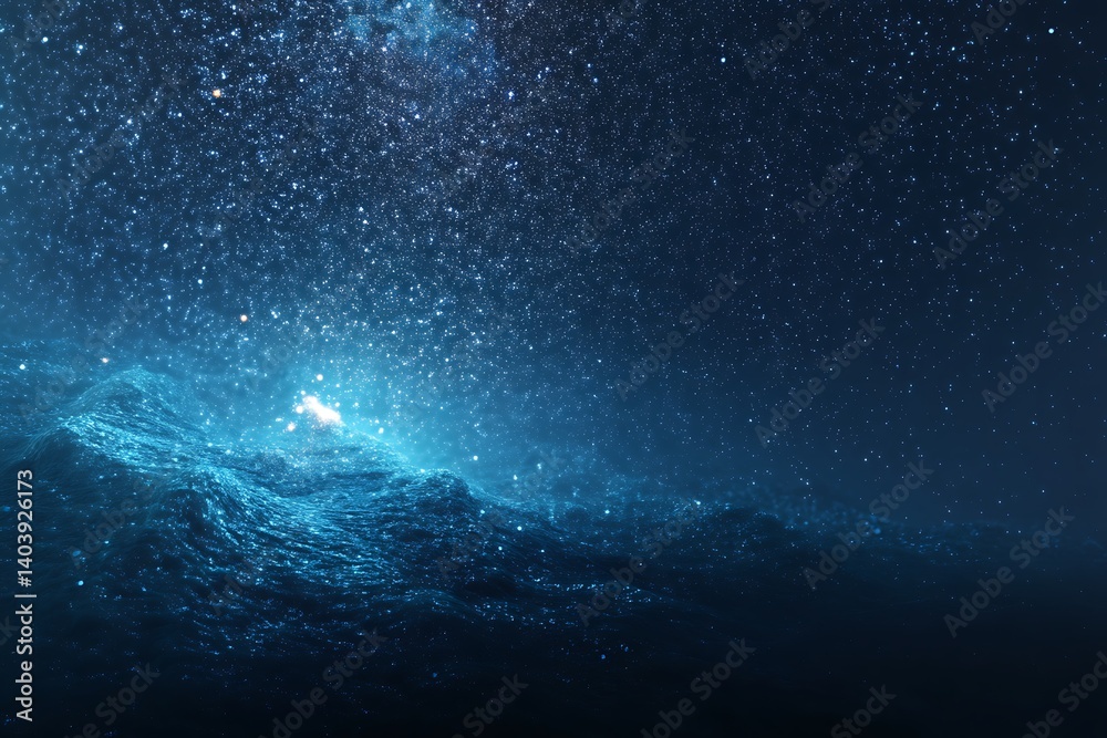 Fototapeta premium Galactic ocean glimmers with celestial patterns and radiant stardust illuminating the universe. Galactic Ocean Glow. Illustration.