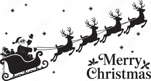 Santa Claus ride sleigh with flying reindeer vector illustration isolated On Transparent Background