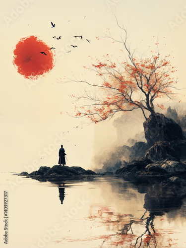 Illustration of a person meditating in nature in oriental minimalist style