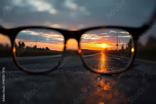 Glasses reflect a road seen in sharp focus, leading towards a bright sunset in the distance, highlighting a vision of the future. Reflection - Mirror. Illustration.