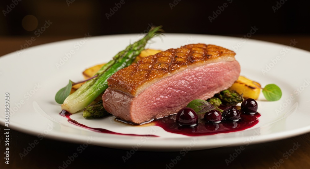 Seared duck breast with vegetables and berry sauce on a white plate. Seared duck breast with vegetables and berry sauce on a white plate.