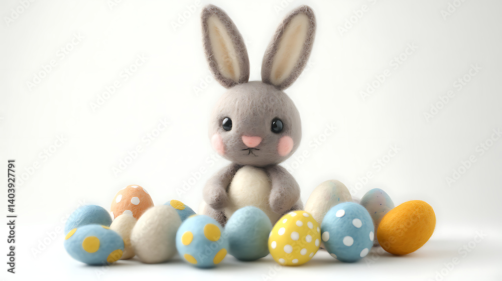 Fototapeta premium Easter Bunny Cute with Eggs Basket on white Background Flowers