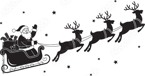 Santa Claus ride sleigh with flying reindeer vector illustration isolated On Transparent Background