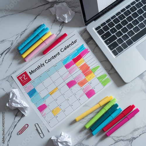 Content calendar with markers and laptop.
