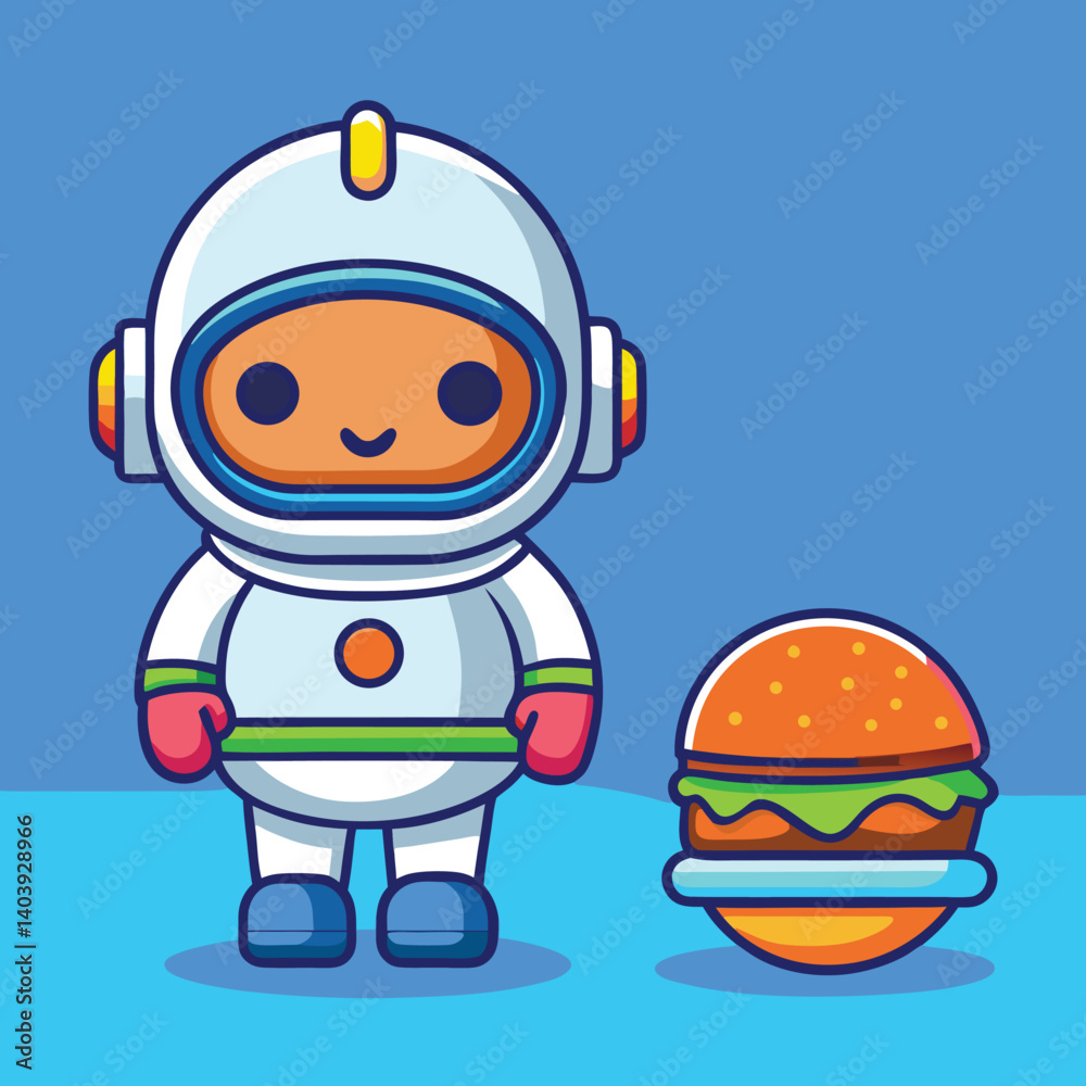 Cute Cartoon Astronaut Mascot With Burger Illustration Design For Kids And Fun Cute Cartoon Astronaut Mascot With Burger Illustration Design For Kids And Fun