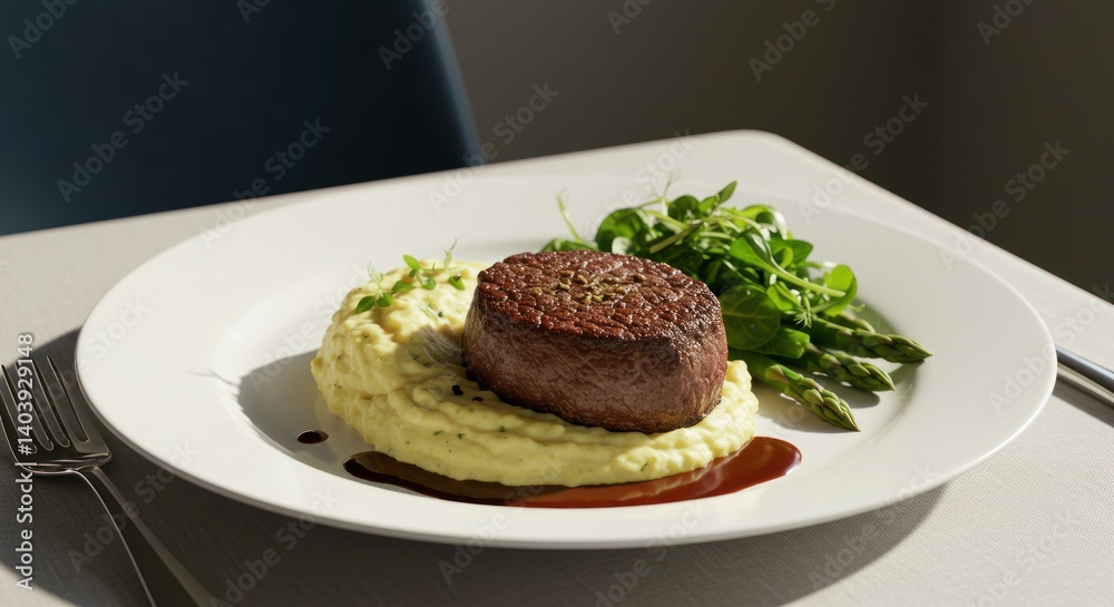Steak on mashed potatoes with asparagus served on a white plate. Steak on mashed potatoes with asparagus served on a white plate.