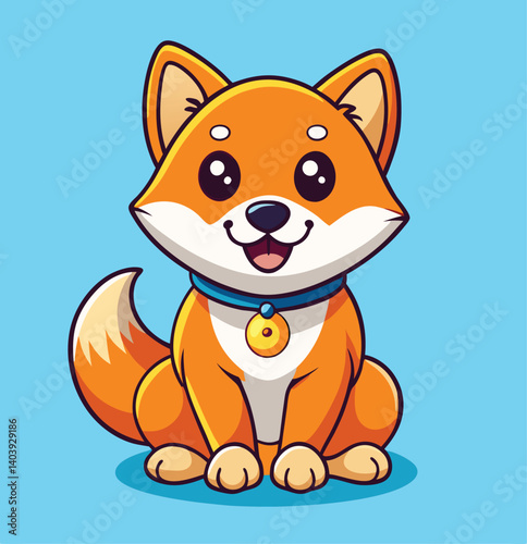 Adorable Cartoon Shiba Inu Puppy Sitting On Blue Background Illustration