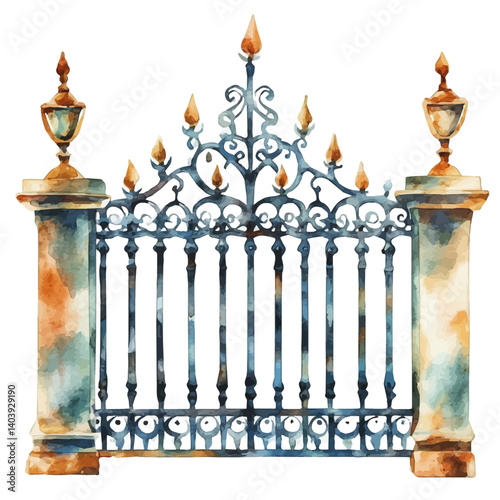 Decorative Wrought-iron Fence, watercolor vector, isolated on a white background.