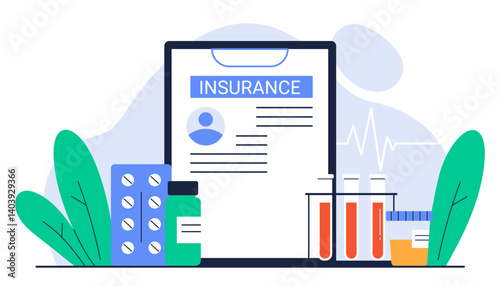 Medical insurance. Health document with pills, medicine and lab tests. Healthcare coverage and protection concept. Isolated flat vector illustration in cartoon style. Isolated vector illustration