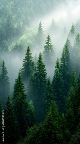 Hazy Morning in a Lush Green Coniferous Forest