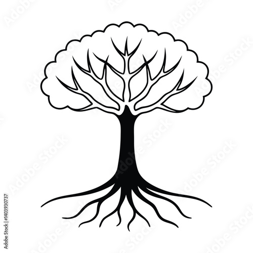 tree with roots line art on white background.eps