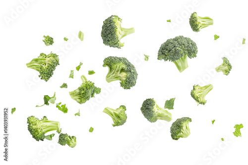 broccoli pieces scattered isolated png transparent cutout