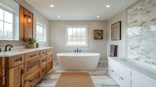 Modern farmhouse bathroom featuring natural wood cabinetry, a freestanding soaking tub, and neutral color palette