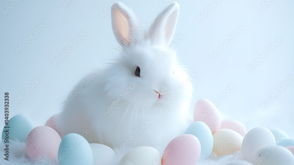 Obraz premium Easter Bunny with Easter Eggs and Basket on background Cute