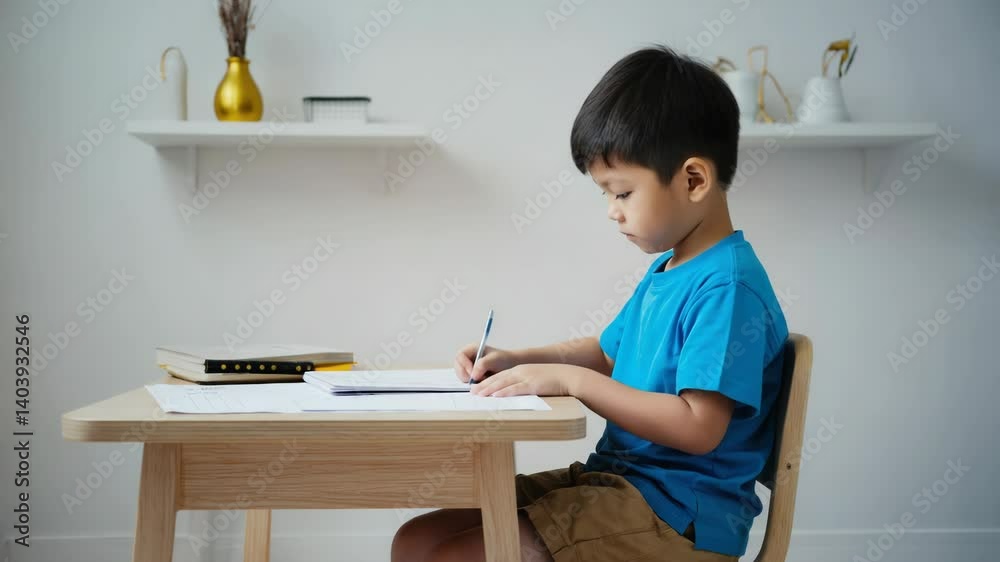 A young boy sits at a table, focused on his writing. A young boy sits at a table, focused on his writing.