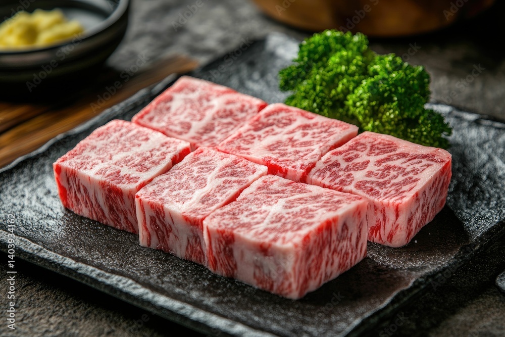 Fototapeta premium Wagyu Beef Cubes Prepared on Black Plate with Parsley Garnish