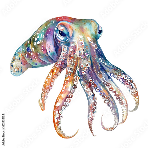Cuttlefish Changing Color, watercolor vector, isolated on a white background.