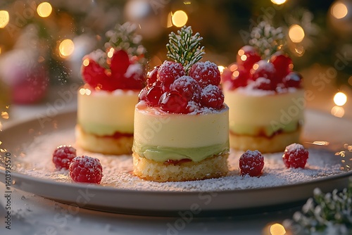 Elegant Christmas Dessert Presentation with Raspberry Cakes and Festive Decoration photo