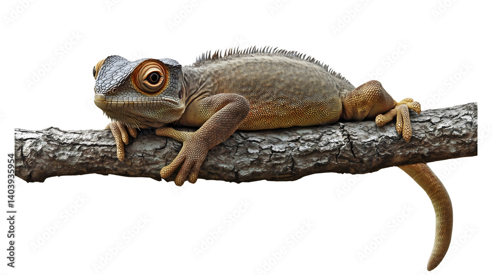 Fototapeta premium chameleon resting on branch isolated png transparent cutout
