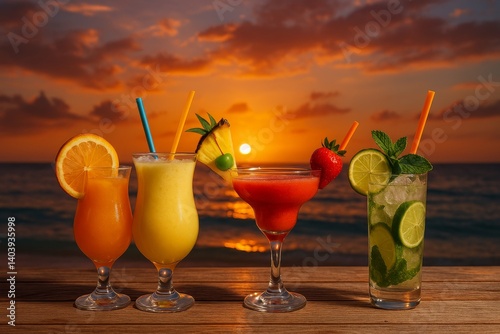 Colorful Cocktails on a Wooden Table With a Sunset Over the Ocean