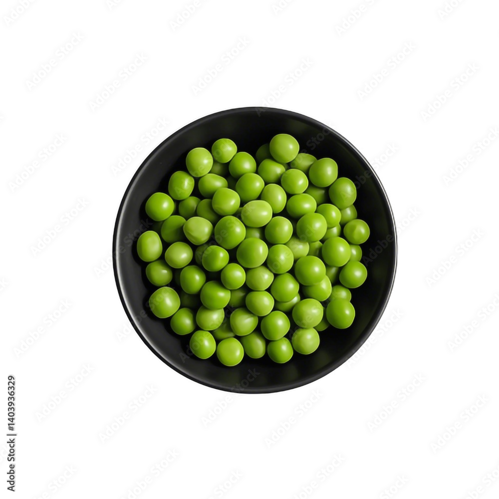 A black bowl filled with fresh, bright peas on a white or transparent background. A black bowl filled with fresh, bright peas on a white or transparent background.
