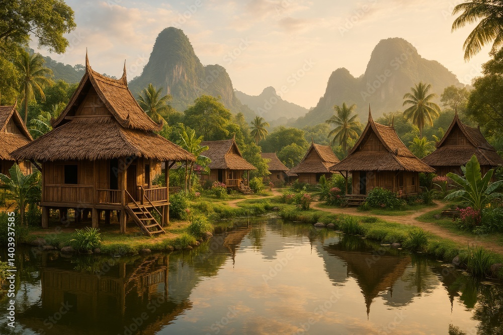Lush Village With Traditional Houses Beside Calm Water in a Mountainous Landscape at Sunrise Lush Village With Traditional Houses Beside Calm Water in a Mountainous Landscape at Sunrise