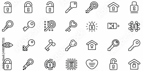 Outline Key Icons Collection – Minimalist Vector Symbols for Security, Access, and Digital Entry

