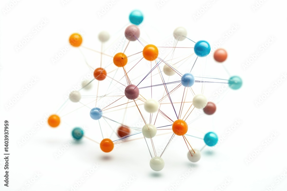 Obraz premium Abstract Network Structure with Colorful Spheres and Lines on White Background