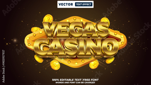 Vegas casino golden 3d editable vector text effect. 3d gold vector style with neon glow, retro lights, slot machine and marquee casino design.