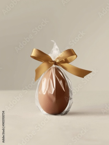 Easter Chocolate Egg Wrapped in Clear Plastic with Golden Ribbon – Festive Candy Gift on White Background