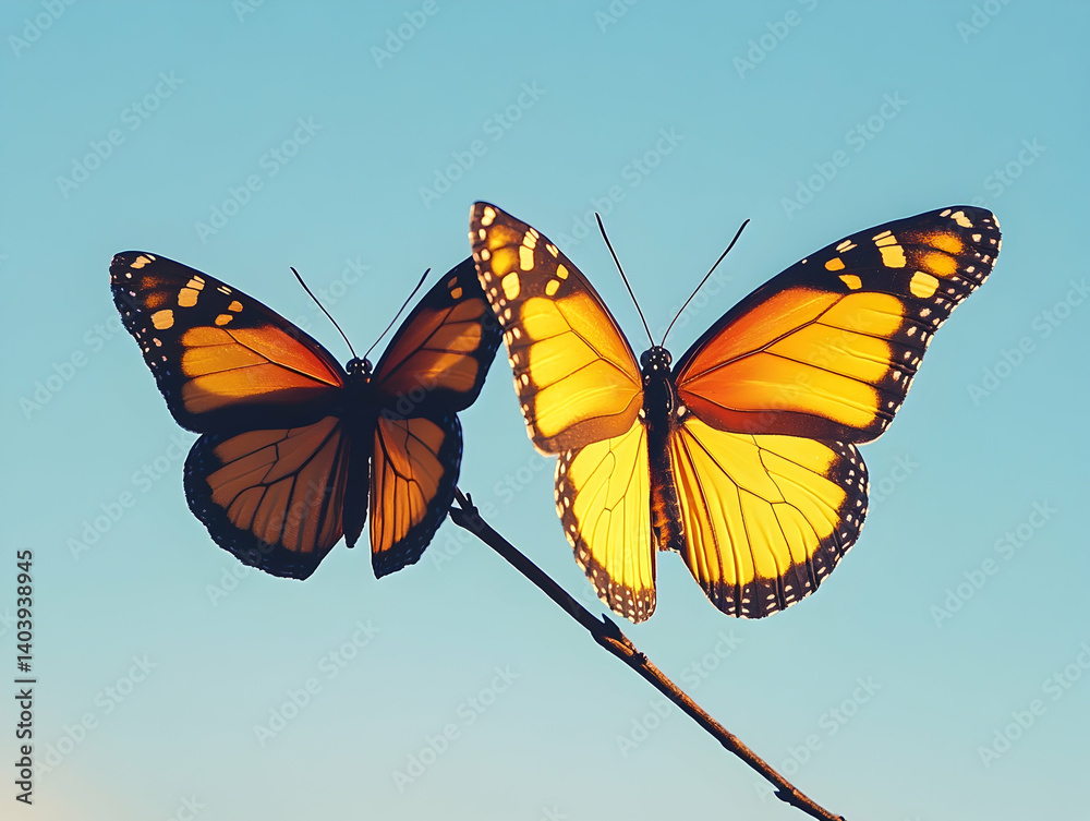Fototapeta premium Two colorful butterflies perch on a delicate twig against a clear blue sky wings open and illuminated