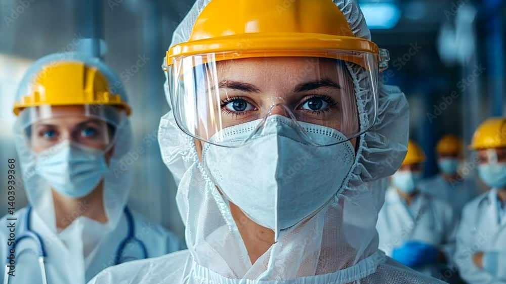 Scientists in protective gear, demonstrating safety protocols in a laboratory setting Scientists in protective gear, demonstrating safety protocols in a laboratory setting